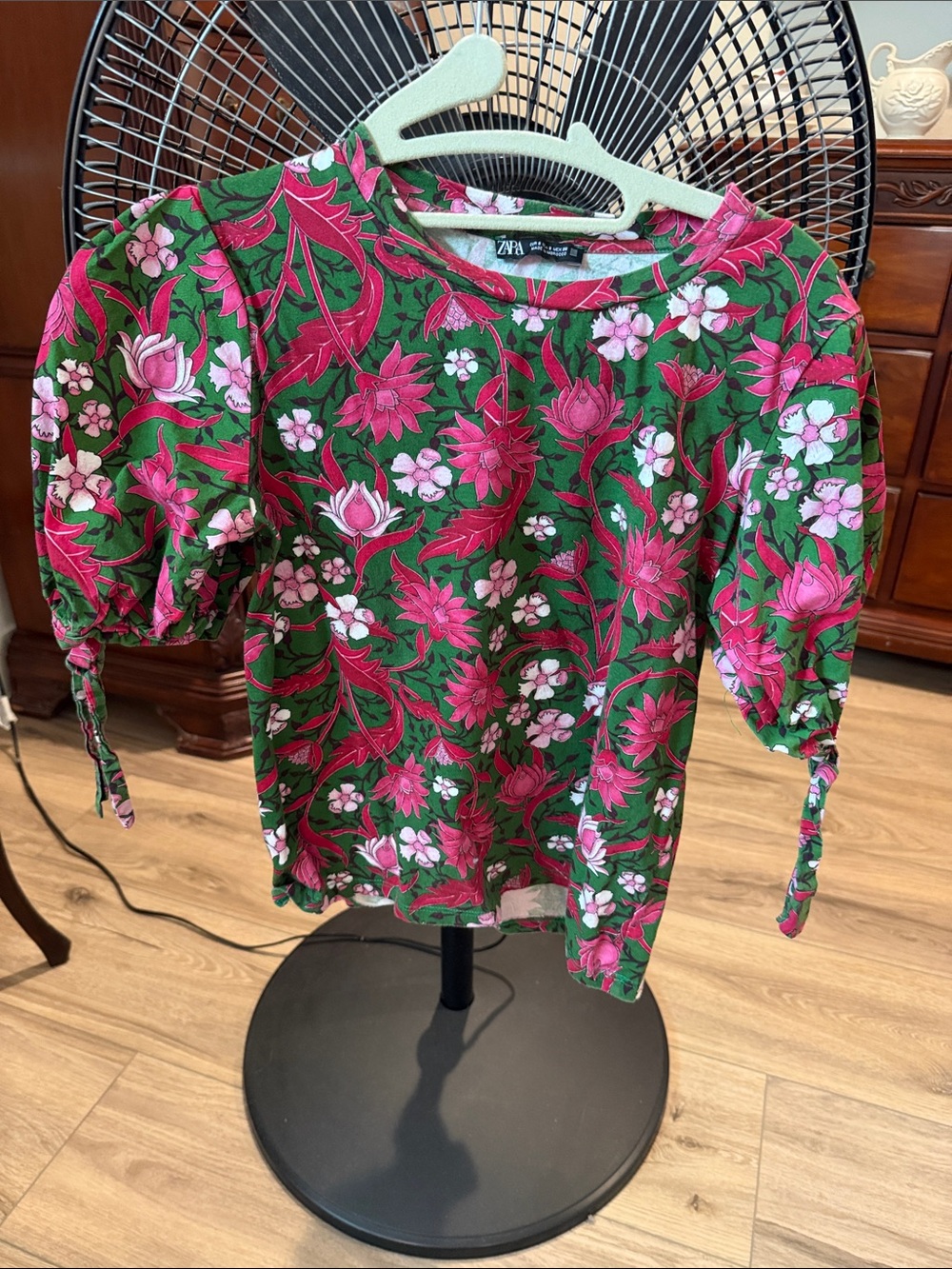 Zara Green Top with Pink Floral Print and Puff Sleeves